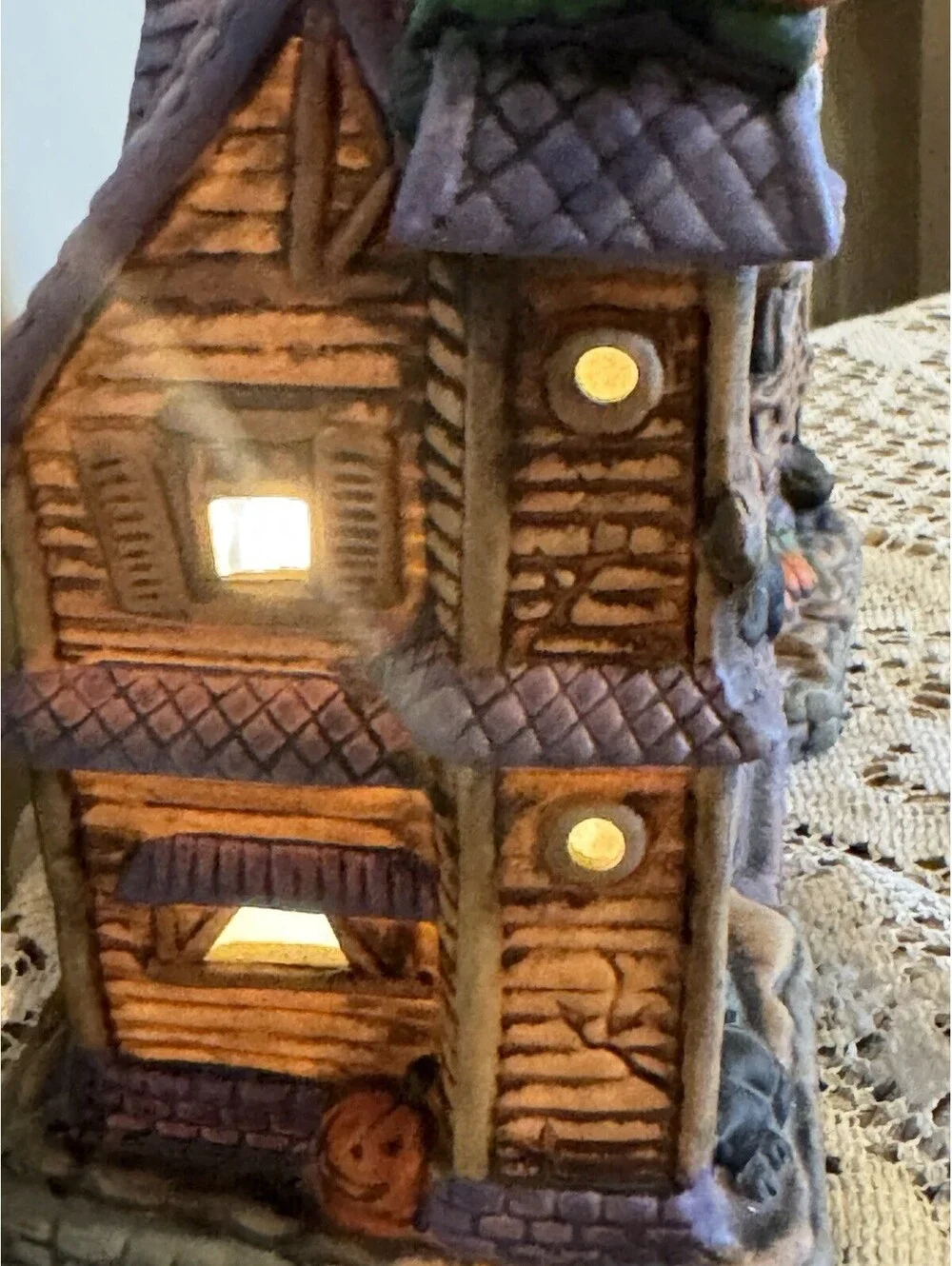 Halloween Haunted House Purple Brown Black Cats Pumpkin Man Lighted Whimsical